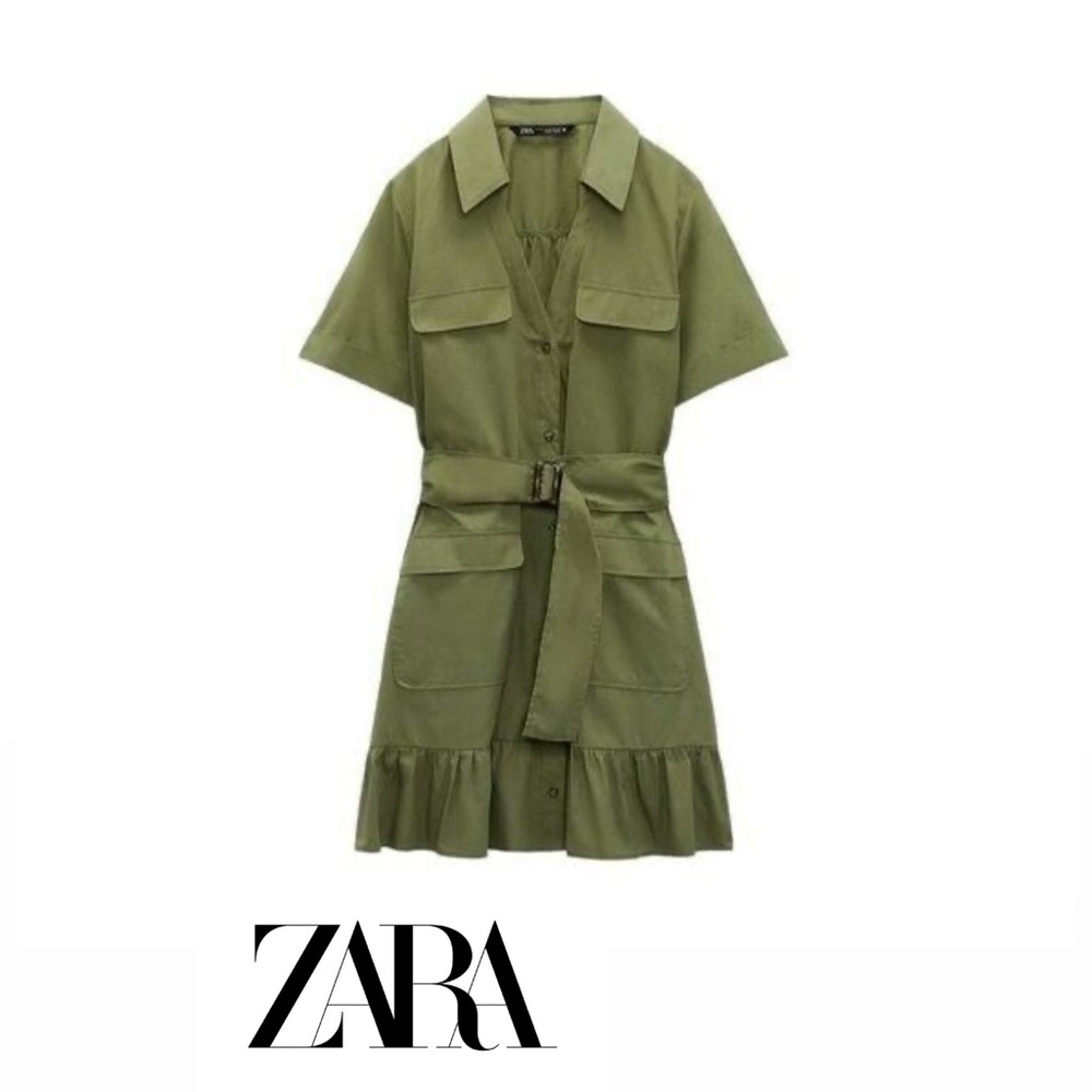 ZARA |Green Button Down Tie Waist Sash Ruffled Hem Mini Shirt Short Sleeve Dress